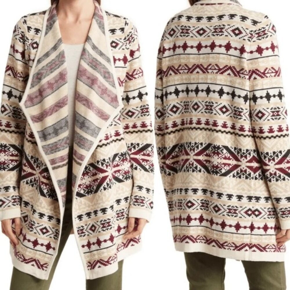 NWT LUCKY BRAND Aztec Jacquard Open Front Long Sleeve Knit Cardigan‎ Size S